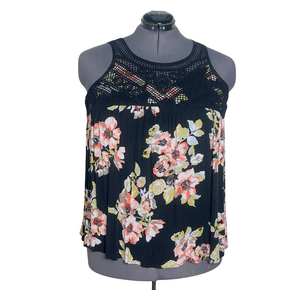 Torrid Black Floral Print Gauze Crochet Tank Top (Size 0/L)